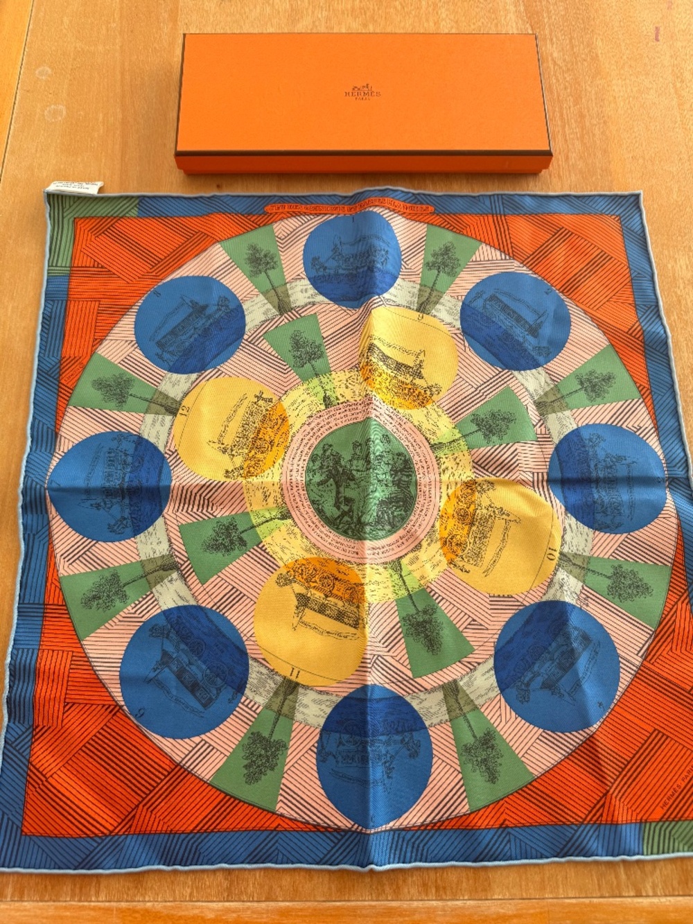 Hermès Jeu des Omnibus et Dames Blanches Scarf 70 Blue Green Coral Silk w/ Box